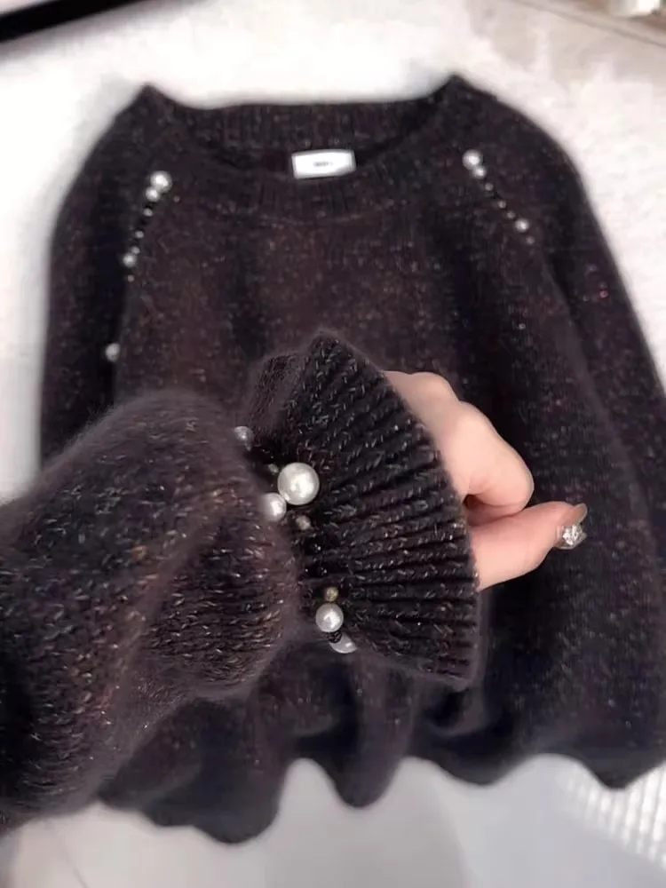 Korean Sle round Ne Beaded Knitted Sweater Women's Autumn High-End Sensation New Faion Casual Versatile Long Sve Top