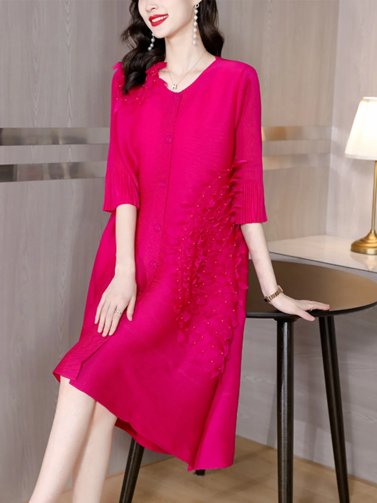 Ele Folded 3D Floral Dr Cardigan Sle Midi Skirt for Autumn Season High End Faion Design A-Line Silhouette V-Ne