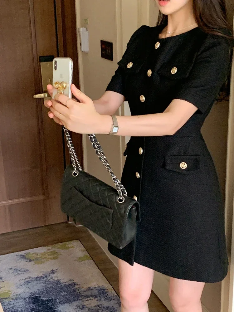 Verão novo coreano elegante tweed vestido feminino pequena fragrância manga curta único breasted mini vestidos de alta qualidade