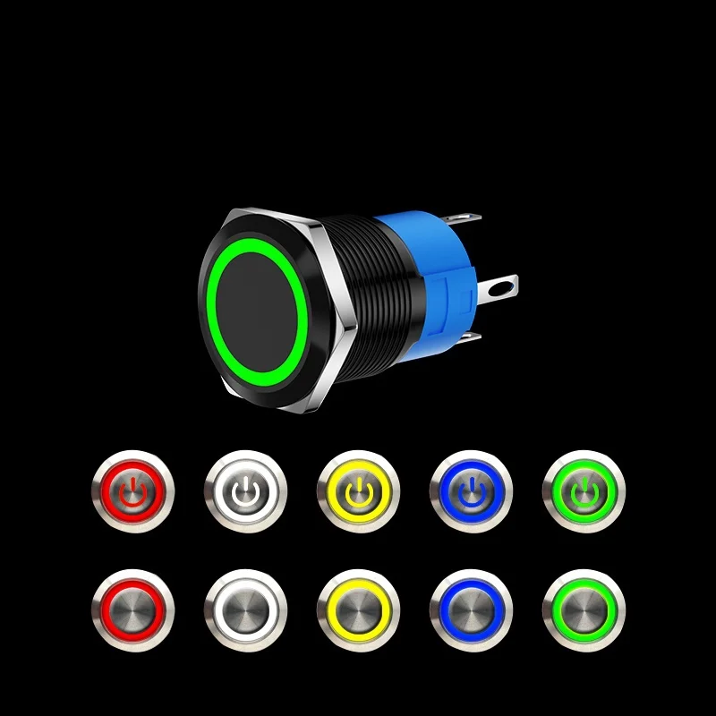 12/16/19/22mm Oxidized Black Waterproof and Dustproof Metal Self-locking Button LED Power Switch 3V 5V 6V 12V 24V 220V