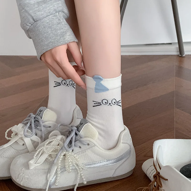 

Kitten socks 2025 autumn new cute flocked cat cartoon mid calf socks no seam trendy stripe stack socks