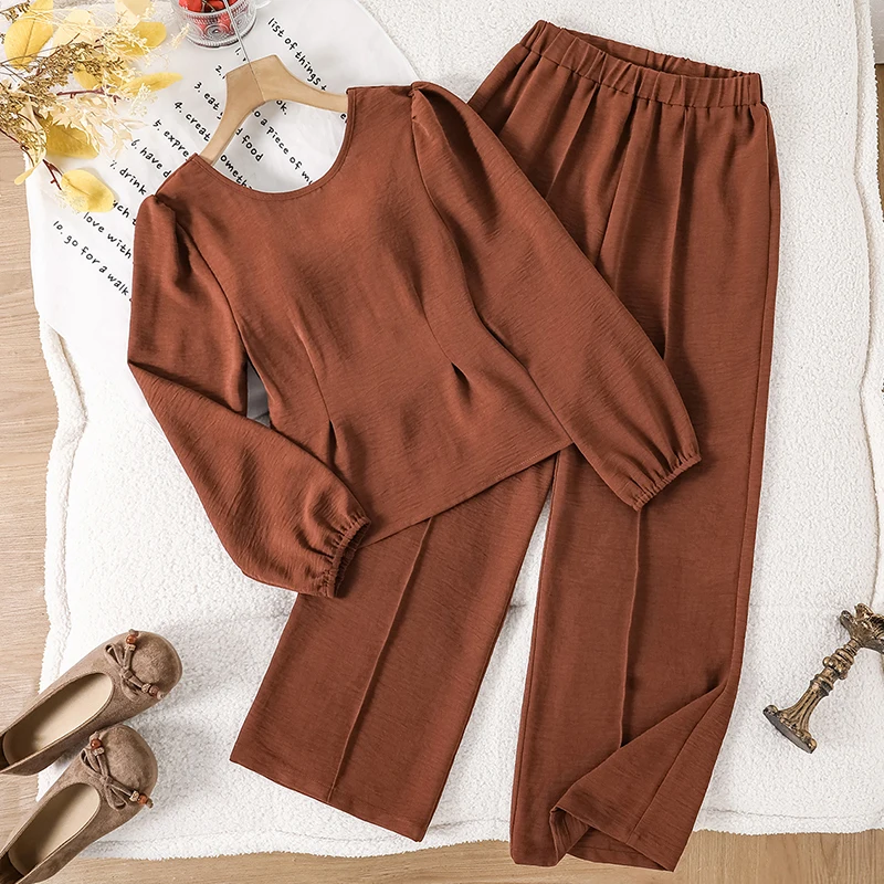 Girls 8-12 Coffee Suit, Puff Cuffed Sleeve Fitted Top With Elastic Waist Wrinkle Fabric Wide Leg Pants