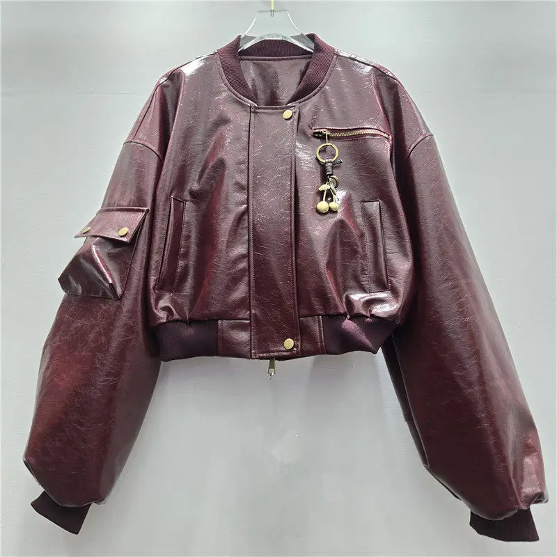 

Autumn Women Short Faux Pu Leather Jacket Wine Red Black Vintage Stand Collar Zipper Long Sleeve Female Biker Jacket Streetwear