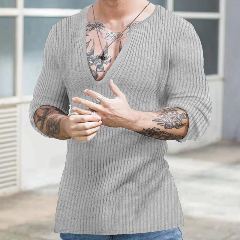 2023 Autumn and Winter New Simplicity Versatile Commuter Men's Clothing Fashion V-neck Long Sleeve Solid Color Casual Pullover