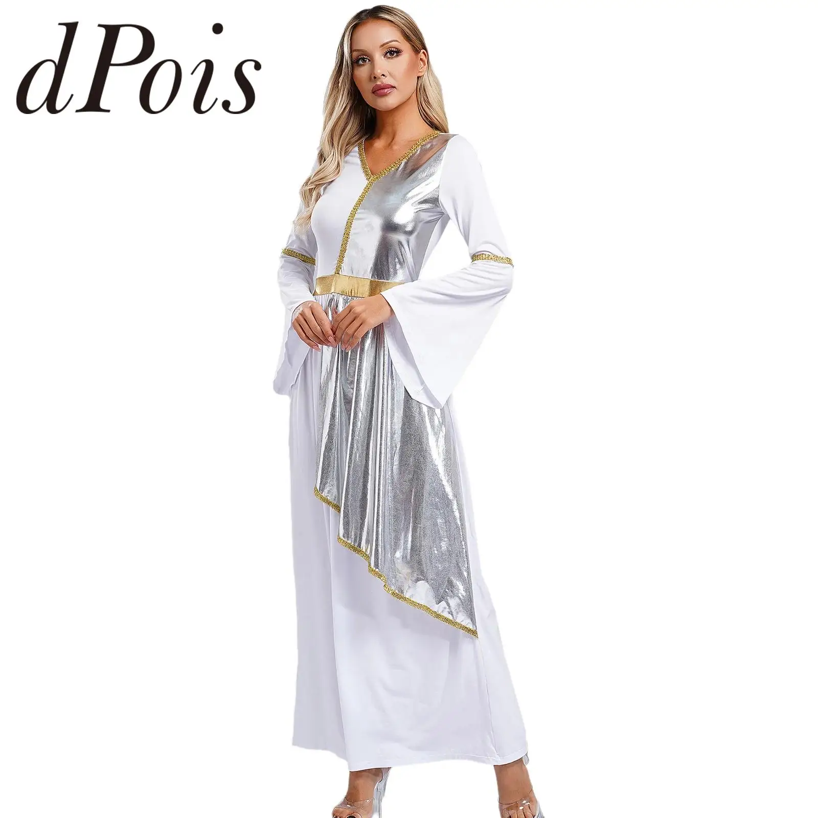 Dames Metallic Glanzende Overlay Gewaad Jurk Romeinse Oude Griekse Schoonheid Toga Outfits Loven Lyrische Dansjurk Halloween Kostuum