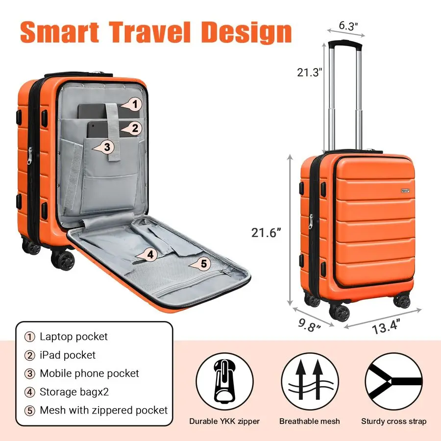 20インチ 機内持ち込み可能、軽量ハードサイドスーツケース、拡張可能な小型スーツケース、フロントポケット付き、オレンジ