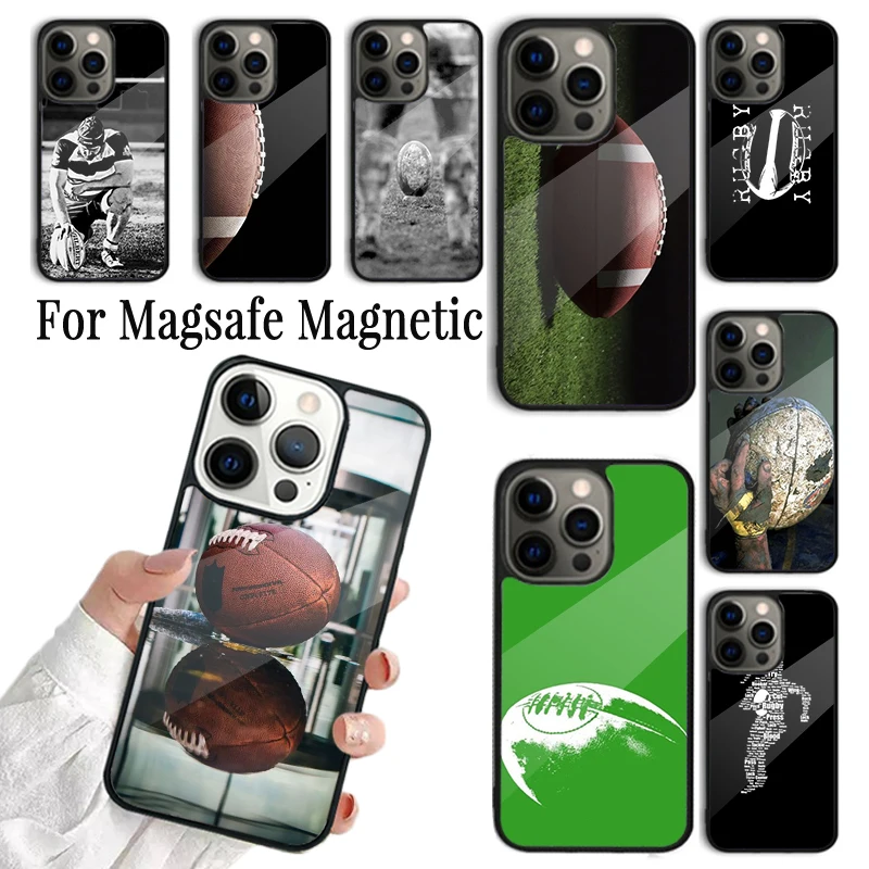 Coque Phone Case For iPhone 16 15 14 13 12 Mini 11 Pro Max Plus Magsafe Magnetic Wireless Charging Cover Rugby Ball