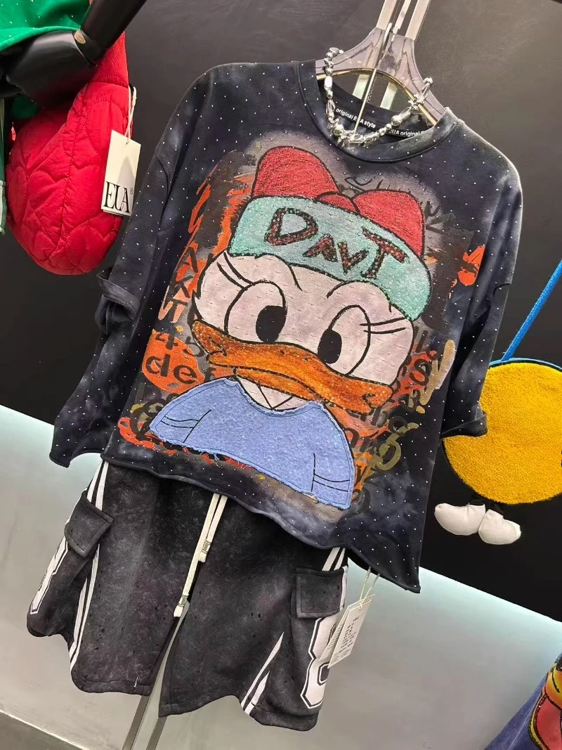 Fashion Brand 2025 Summer New Tees Heavy Industry Cartoon Patch Washing Water Loose Fashion Short Loose Short-sleeved Tshirt Top