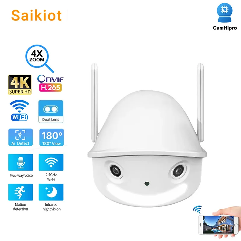 

Saikiot CamHipro 180 Degree Fisheye WIFI Camera 4MP 8MP Dual Lens 4X Zoom Panoramic Onvif CCTV Security Outdoor Network Camera