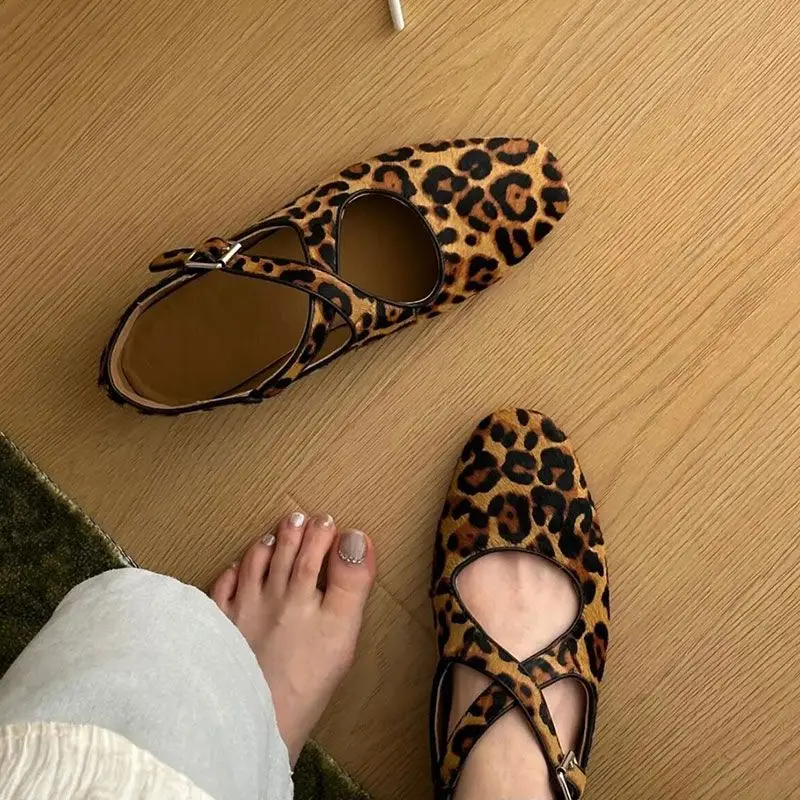 

Korean style niche leopard print single shoes horsehair soft ballet flats shallow mouth single shoes women women's flat shoes