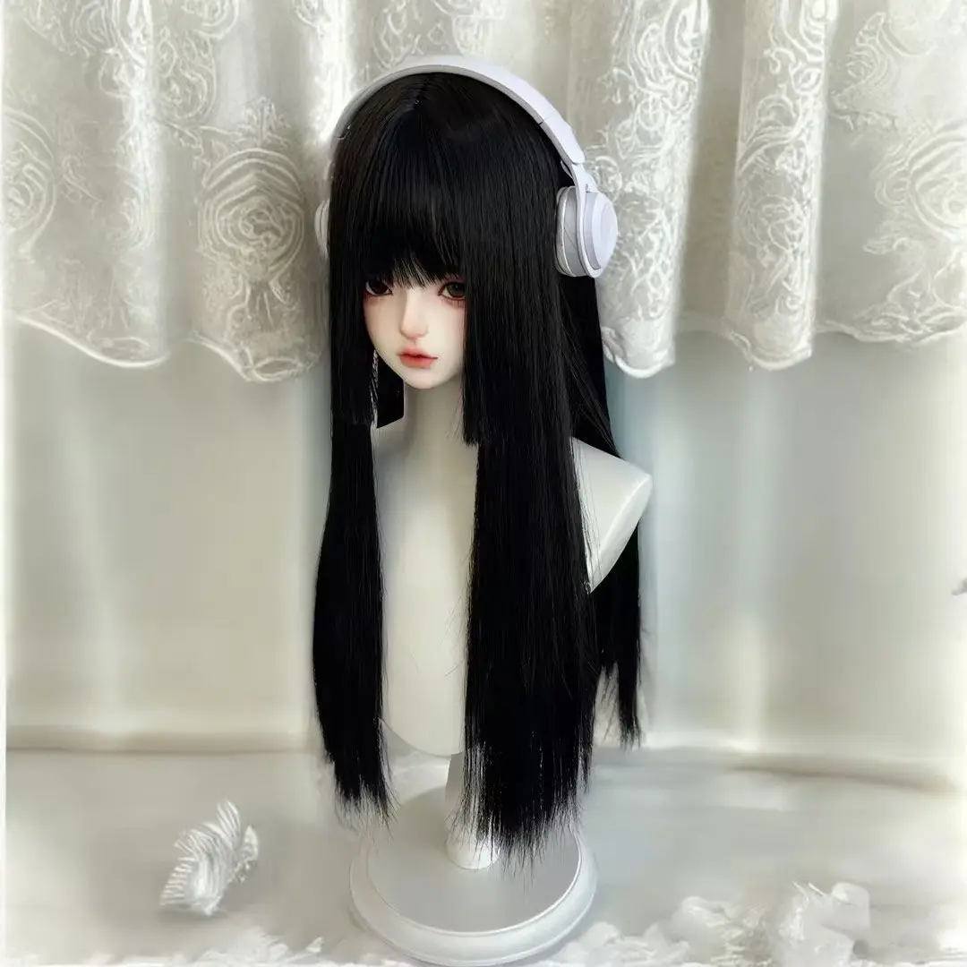 شعر مستعار لتصفيفة الشعر وقنديل البحر من Hime Cut |   قبعة لوليتا كوسبلاي كاملة سوداء طويلة مستقيمة على الطراز القوطي والكاواي