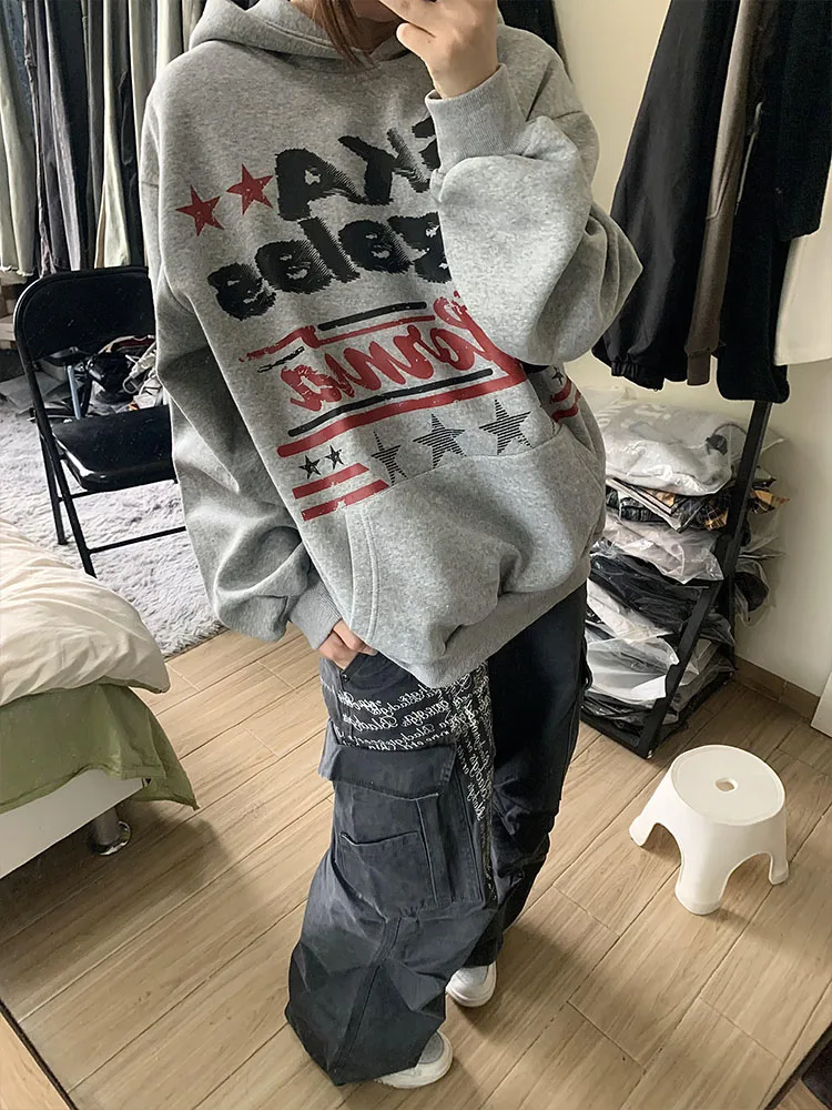 American High Street Star Print Hoodie feminino outono inverno Thiened solto casal na moda preguiçoso outerwear Fce forrado