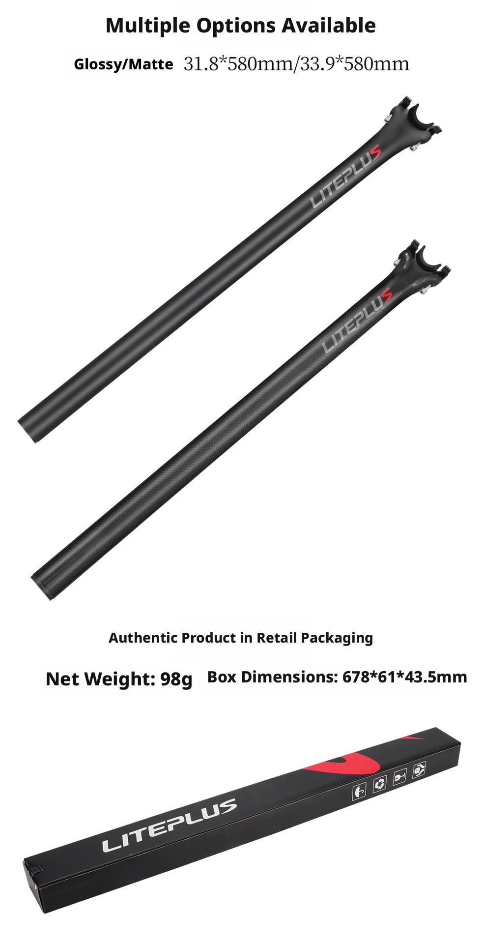LITEPLUS Carbonfaser-Sattelstütze 33,9mm/31,8mm X 580mm für Brompton Dahon Faltrad, Glänzende & Matte Schwarze Sattelstütze, Ultraleicht – Detail 13