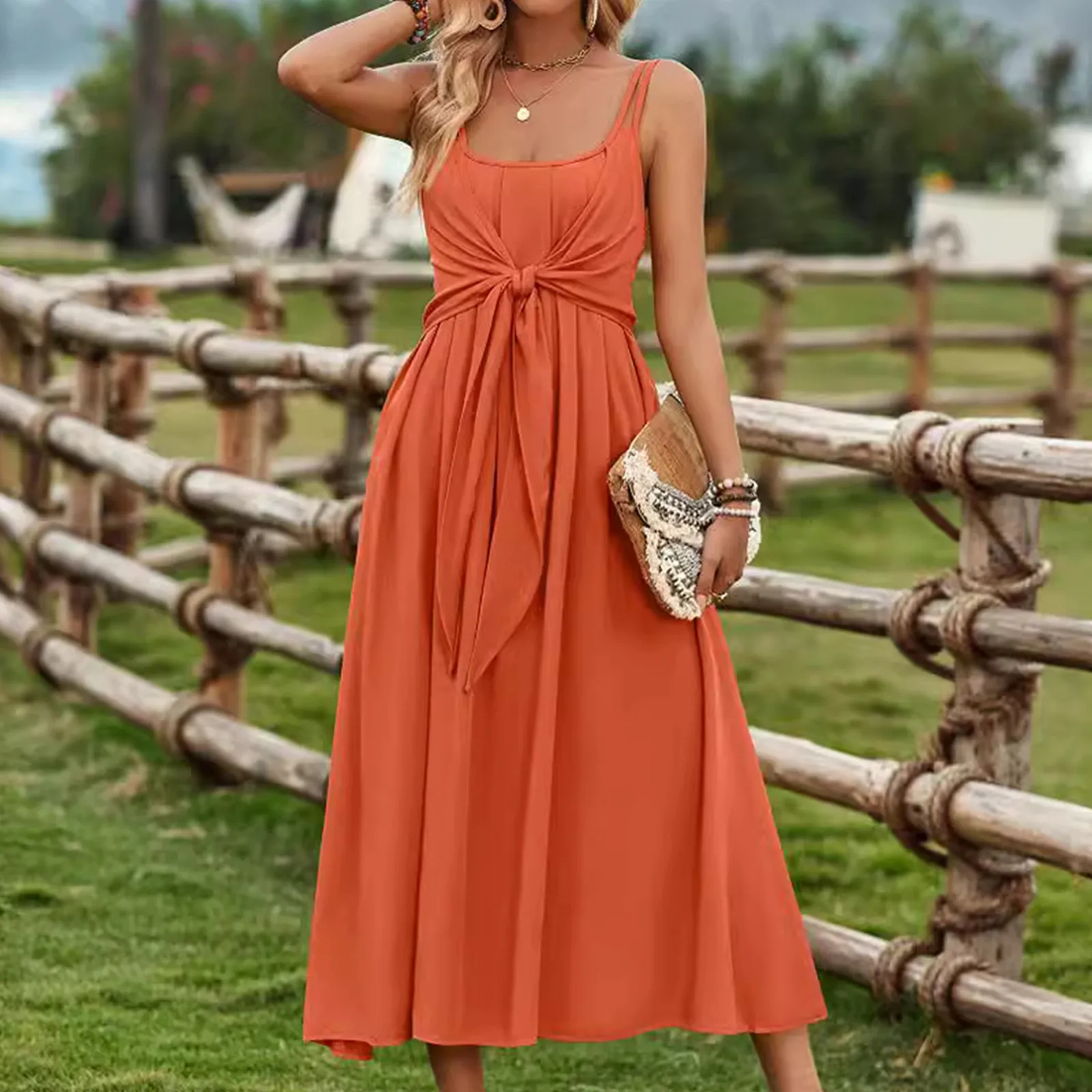 

Women Summer Sling Dress Solid Color Bowknot Ruched Sleeveless Long Dresses Round Neck Tunic Temperament Female Dress Vestidos