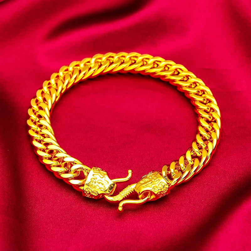 24K Gold Lucky Head Flat Bracelet 10 12 14mm Men AU999 - 24K forged/AU999, smooth link, 10-14mm for diverse needs