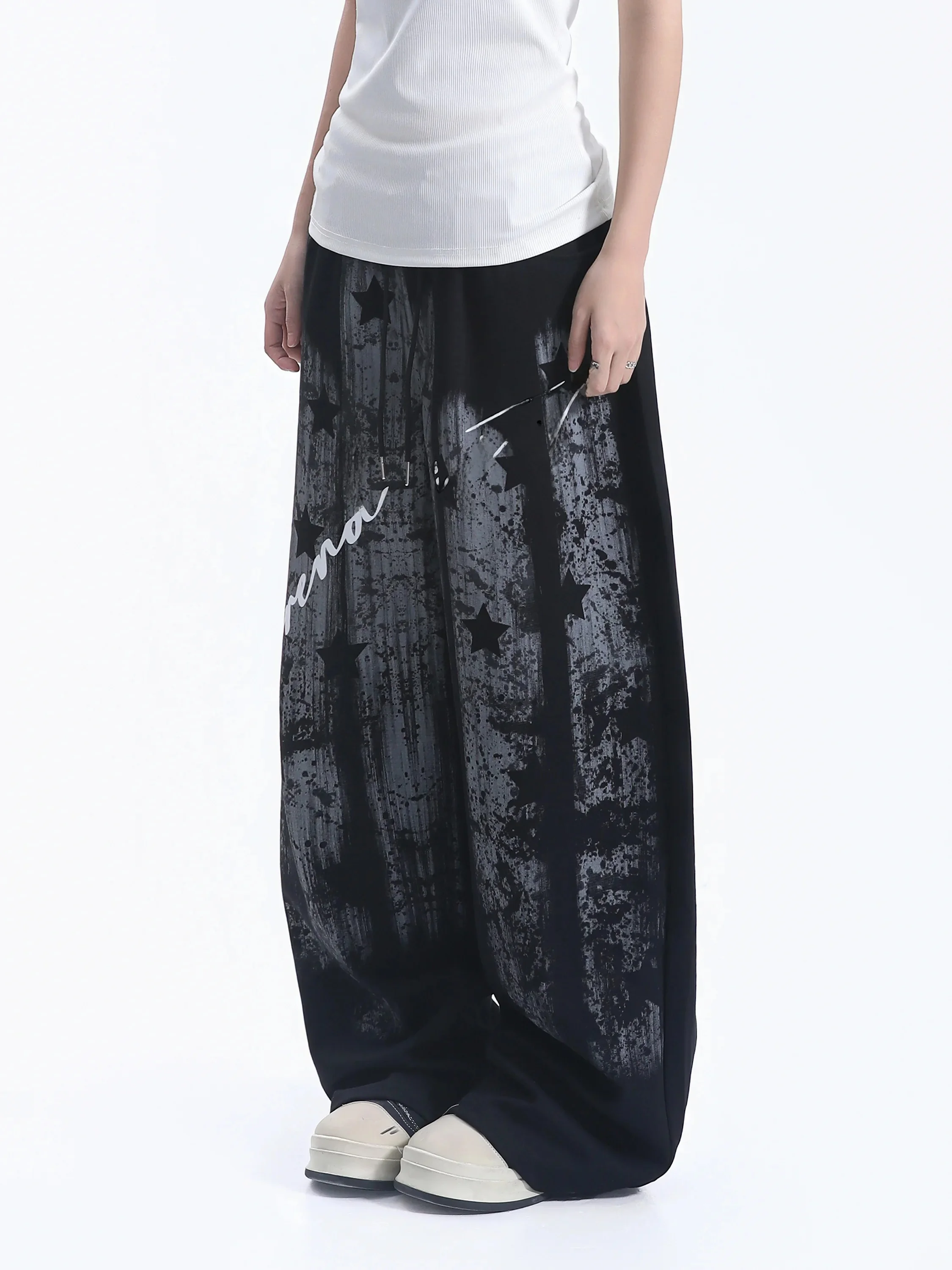 American Graffiti Style Wide Leg Pants Women's Drawstring Letter Print Casual Trousers Couples Match High Waist Cotton Blend