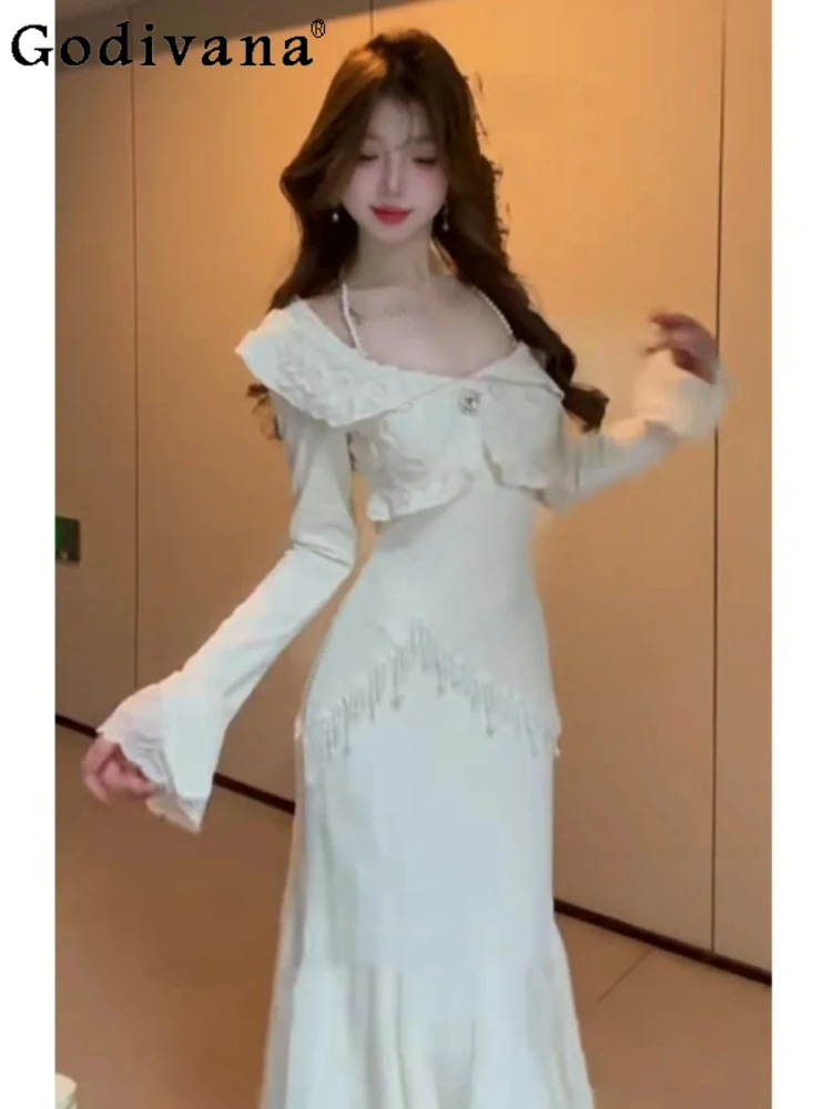 

Spring Temperament Slash Neck Long Sleeve Chic Tassel Fishtail Dresses Elegant Girl High Waist Fashion Age Reduction Party Dress