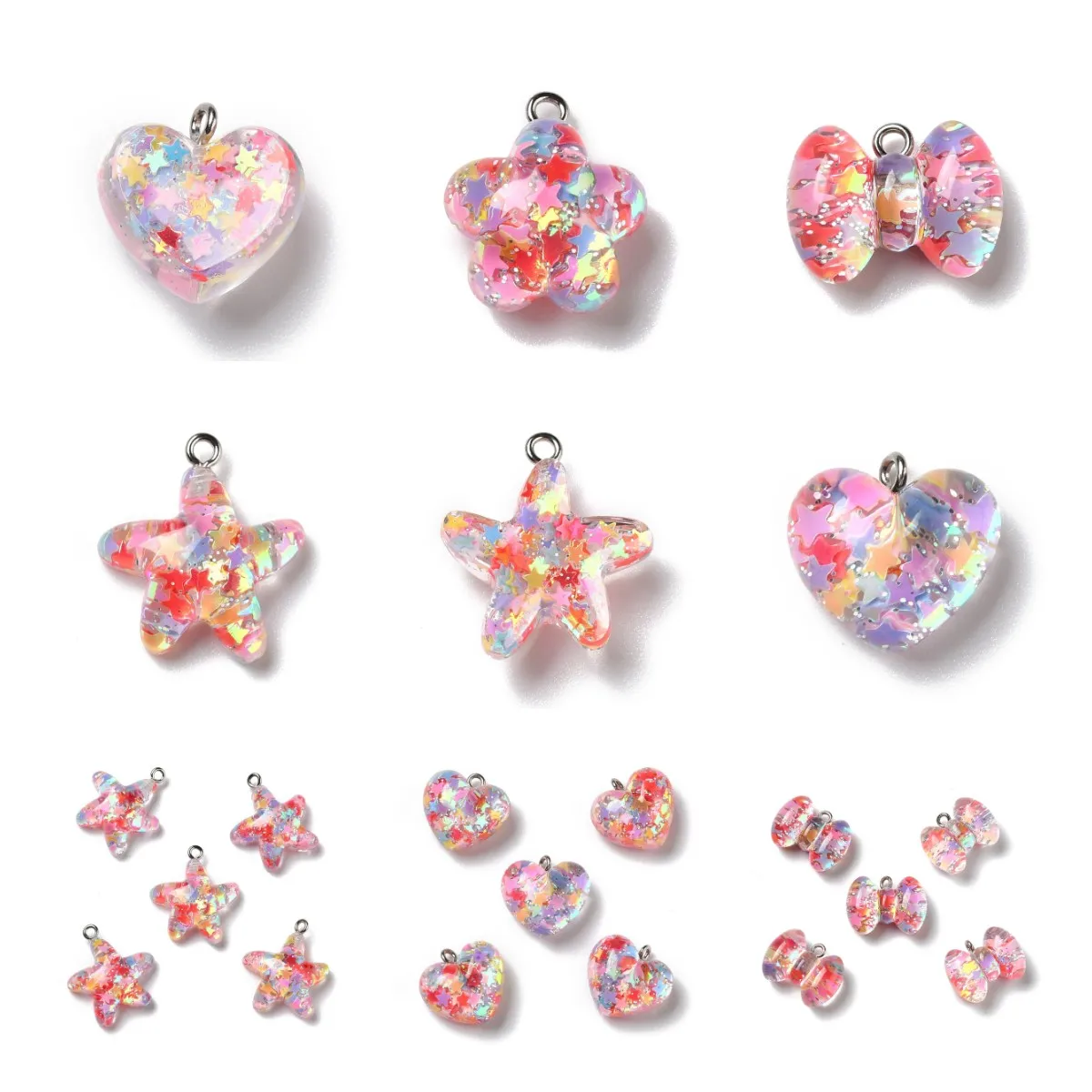 30Pcs Transparent Resin Star Heart Flower Bow-knot Charms Colorful Glitter Pendant For Bracelet Earring Necklace DIY Jewelry Mak