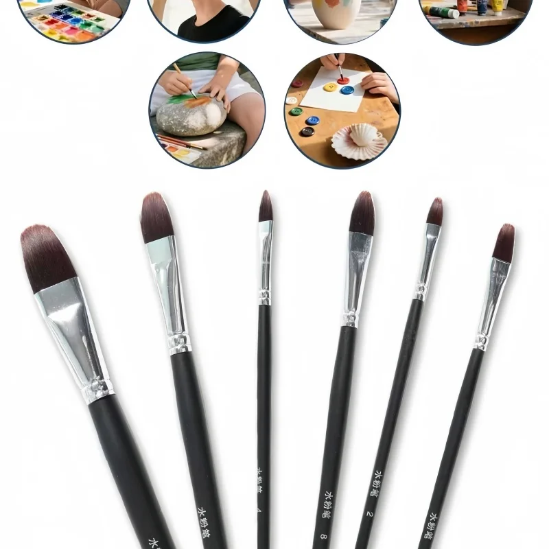6 قطع مقبض خشبي طويل شعيرات نايلون ألوان مائية مجموعة فرشاة رسم الغواش للجدار الكتابة على الجدران لوحة فنية ذاتية الصنع