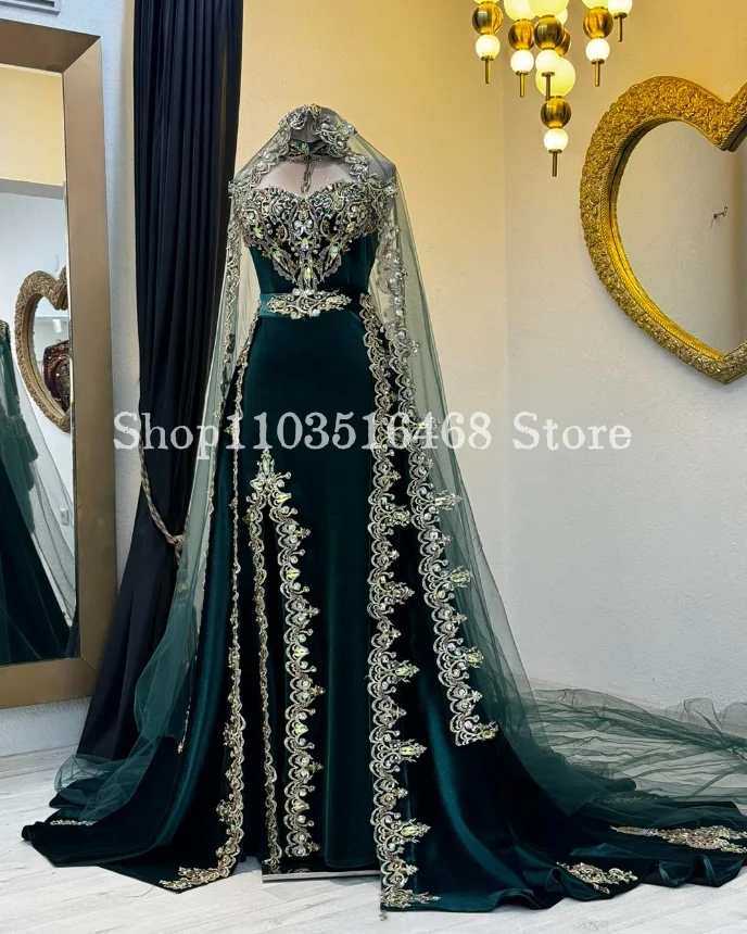 Emerald Green Middle Eastern Evening Dresses Luxury Sheath Appliqued Velvet Marocca Robe Arabian Bride vestidos de noche