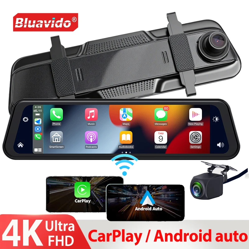 Wireless Carplay Android Auto Car DVR Dual Dash Cam 4K+1080P Front & Rear Camera, G-Sensor, Loop Recording, Parking Monitor，AUX