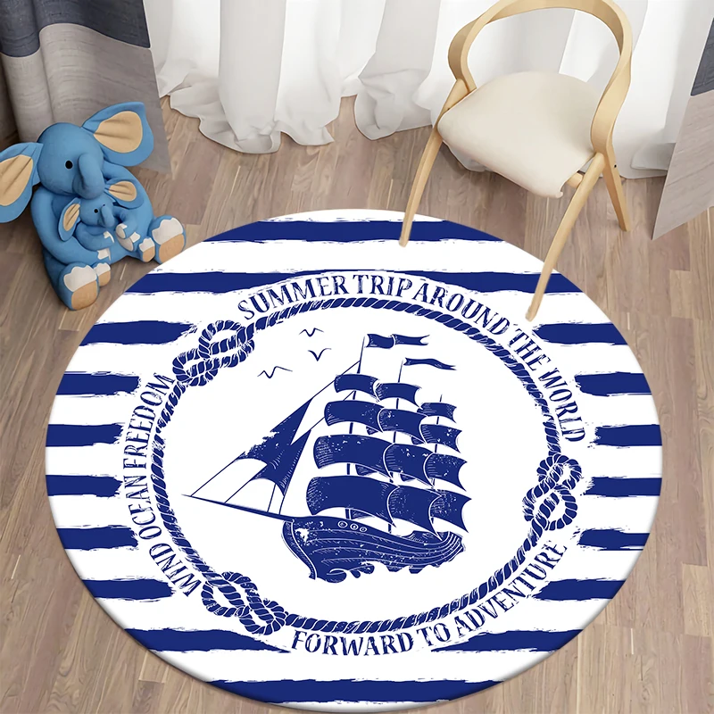 Nautical Round Rug Living Room Bedroom Kids  Soft Kitchen Area  Anti-Slip Flannel  Floor Mats