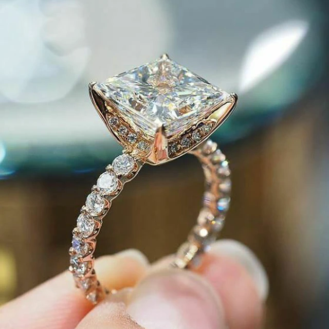 Huitan Luxury Gold Color Square Cubic Zirconia Promise Rings Trendy Wedding Engagement Accessories