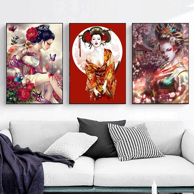 Japanese Geisha Beauty Kimono Woman Canvas Painting Art Posters and Prints Canvas Wall Art Pictures Living Room Home Decoration