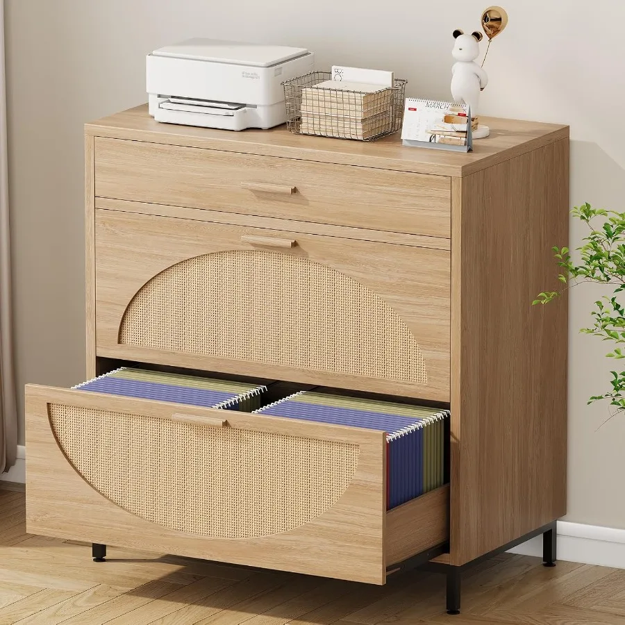 Lateral File Cabinet with 3 Drawers, Eco Rattan Wood File Cabinet for Home Office, Large Filing Storage Cabinets Printer Stand