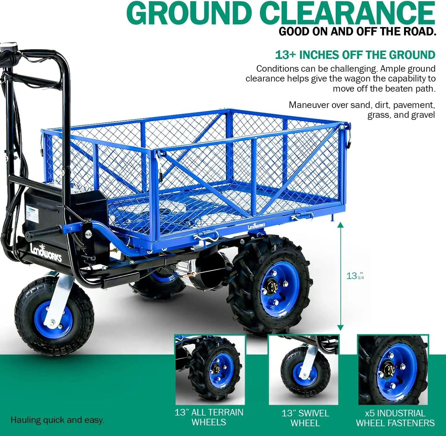 Service Cart Wheelbarrow Power Wagon Super Duty Electric 48V DC Li-Ion Battery Powered 500 Lbs Load & 1000+ Lbs Hauling Capacity