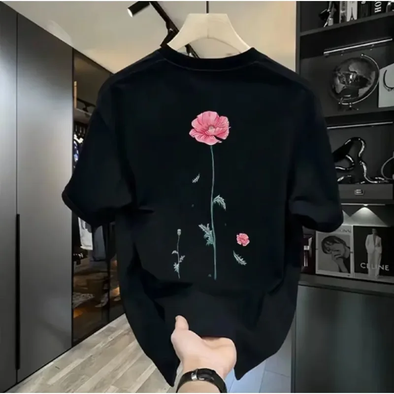 Men's Fitted Cotton T-shirts 5XL Black T Shirt Summer Wear Casual for Men Flower Print Tee Shirts White Men Clothing
