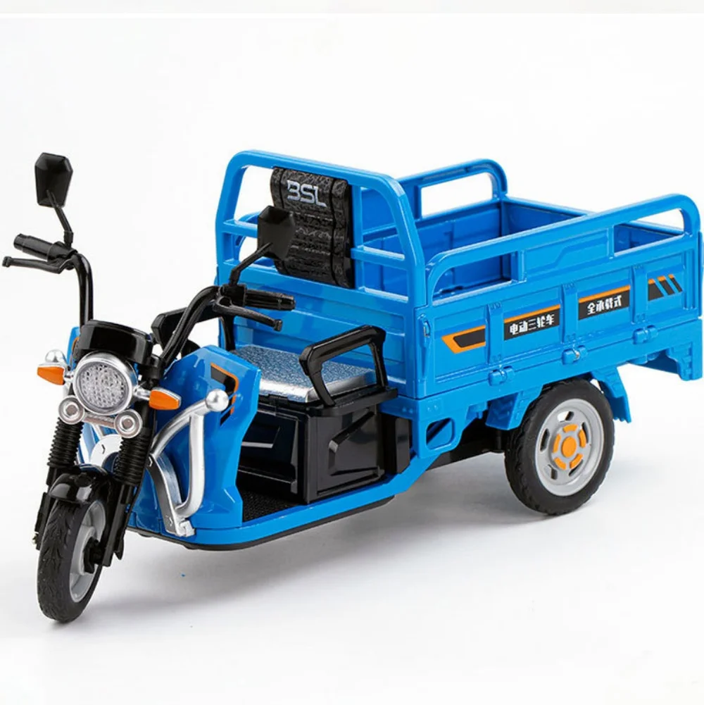1:12 Electric Tricycle Alloy Model Car Toys Diecast Motorcycle Front Wheel Steering Sound Light Pull Back Vehice Boy Collect Toy