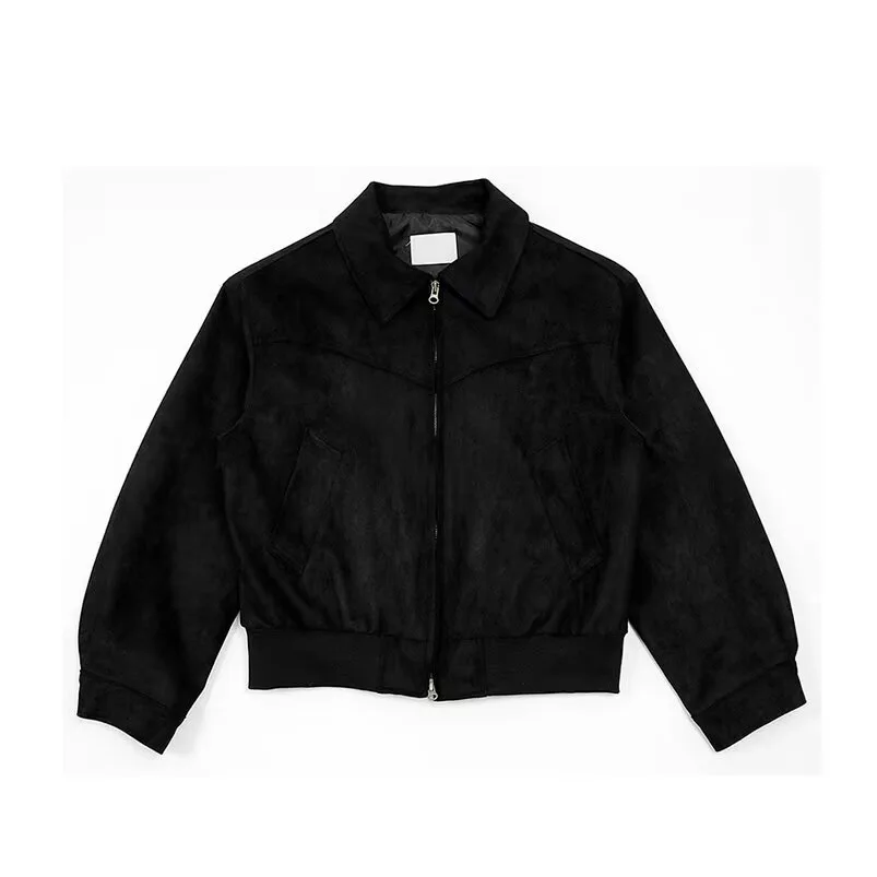 Mens Autumn Winter Retro High Street Suede Short Coat Loose Stylish Motorcycle Lapel Flight Casual Jacket