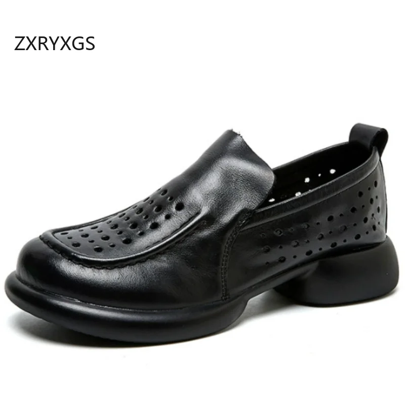 ZXRYXGS Promotion 2026 Spring Summer Genuine Leather Hole Hole Shoes Breathable Sandals Elegant Comfortable Soft Sole Mid Heels