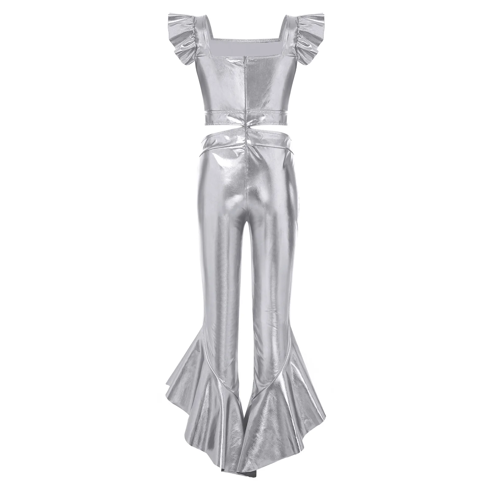 Girls Sparkly Romper Flares Children Metallic Flared Jumpsuit Disco Outfit Kids Streetwear Party Shiny Costume Birthday Outfits