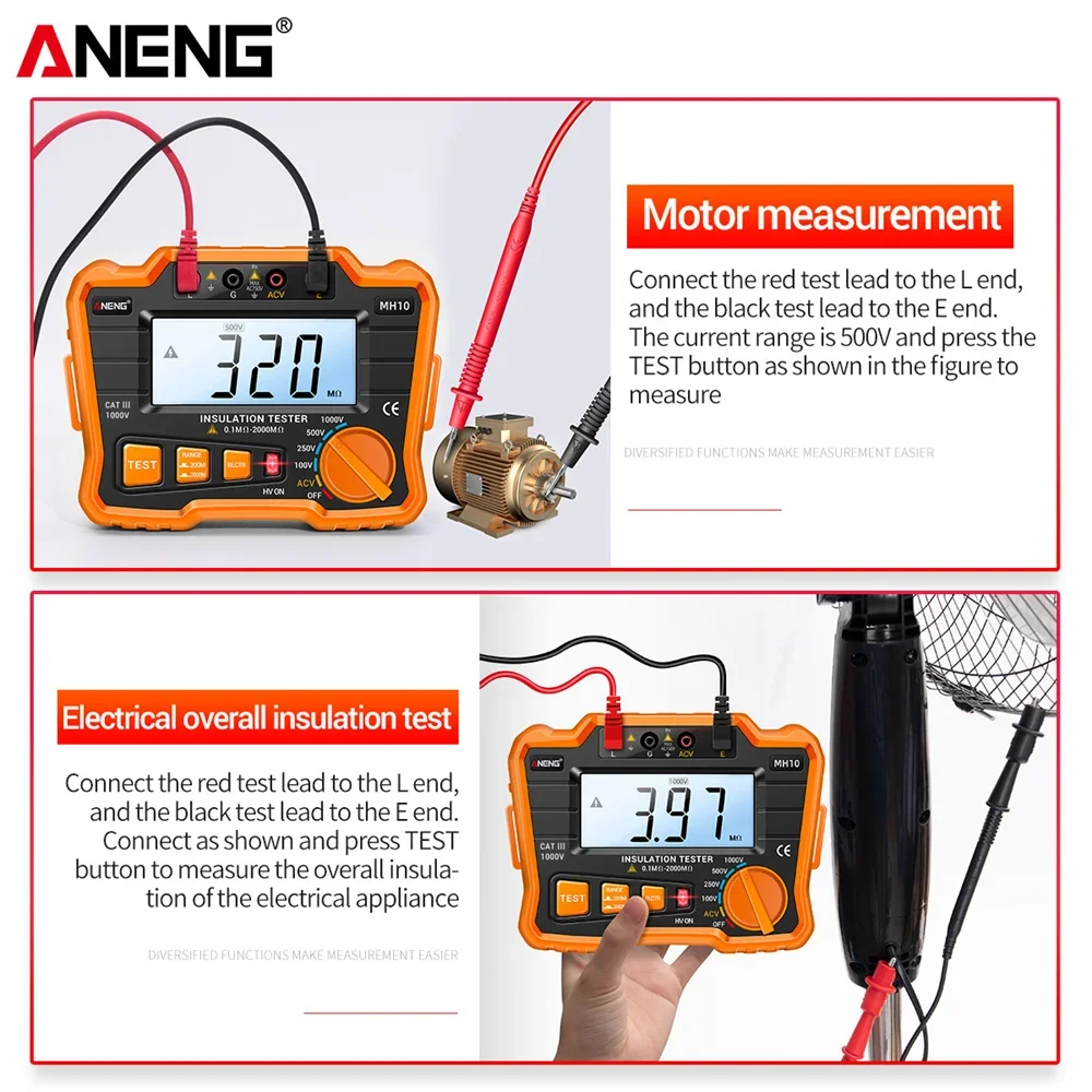 Aneng Mh10 Digitale Megohmmeter Meter Isolatie Aarde Grondweerstand 100-1000V Ohm Spanningstester Elektricien Gereedschap