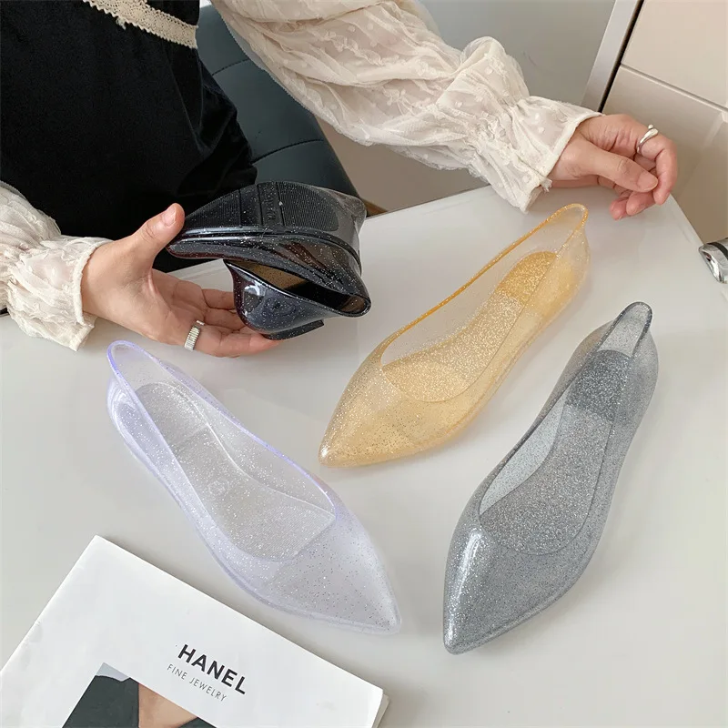 FHC New Women Low Heel Crystal Sandals,Summer PVC Casual Jelly Shoes,Soft Bottom,Pointed Toe,Slip On,Shining Grey,White,Dropship