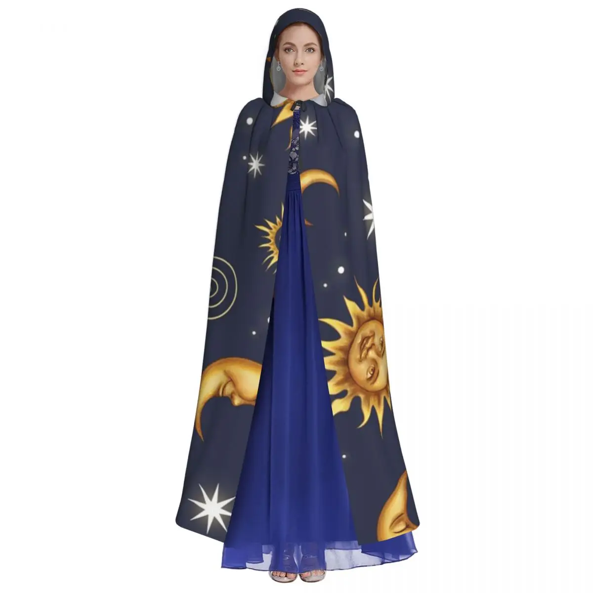 Vintage celestial sol lua longo com capuz capa bruxa traje medieval cosplay capa halloween vampiro adulto unisex