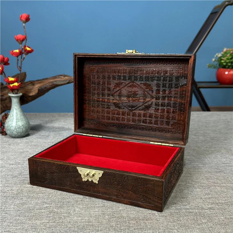 

Red Teak Wood Jewelry Box Carved Flower Design Large Red Acacia Wood Bead Bracelet Jewelry Storage Box with Lock Chinese Style