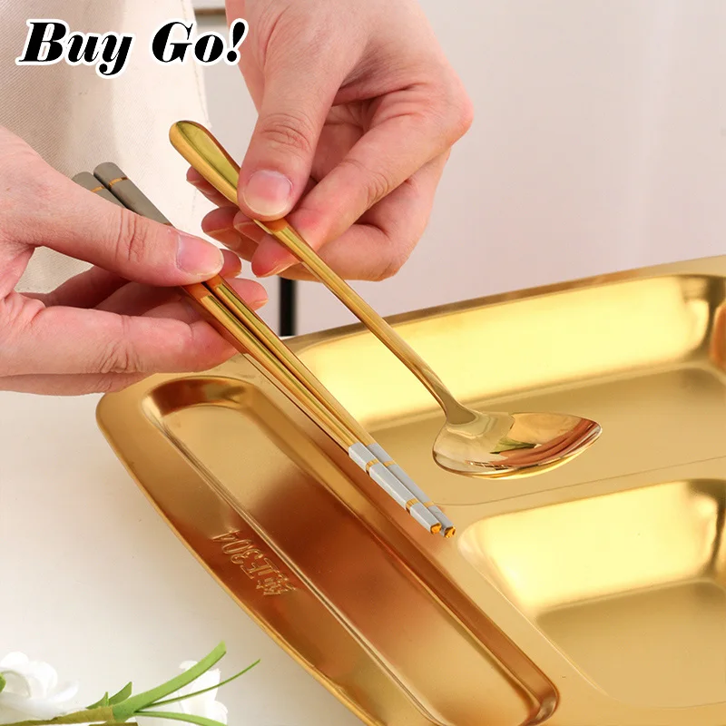 6 Sections Stainless Steel Fast Food Divided Tray Lunch Container Food Dinner Snack Plate With Spoon Chopsticks for Kids School