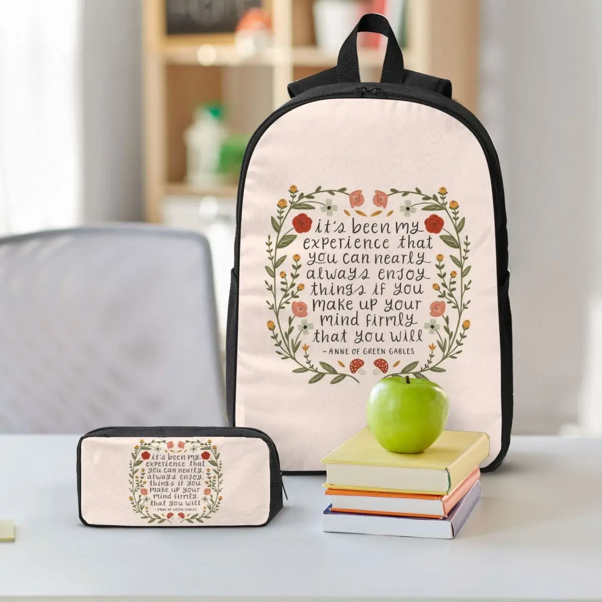 Anne Of Green Gables Enjoy Things Quote Backpack Boys Girls BookBag School Bag Shoulder Bags 3ps Insulated Lunch Bag Pencil Case