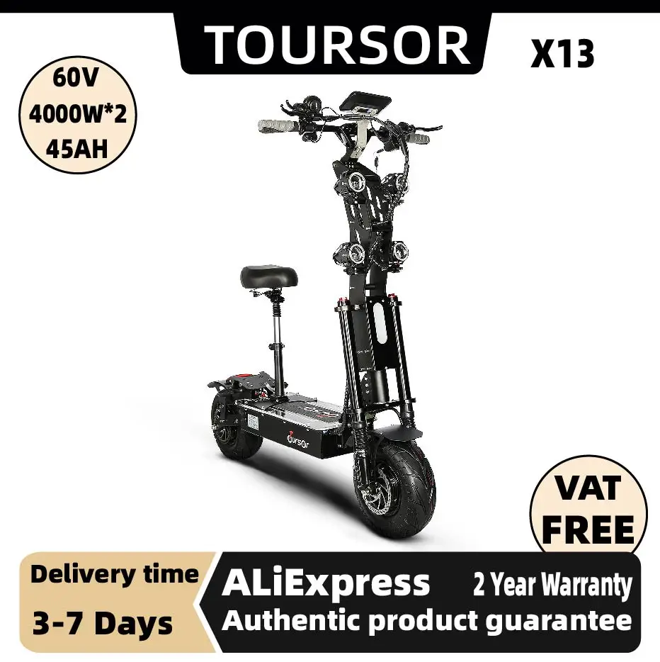 

TOURSOR X13 13" Road Tire Foldable Road EScooter 72V35Ah Battery E-Scooter 5000W*2 Dual Motor Electric Scooter For Adults