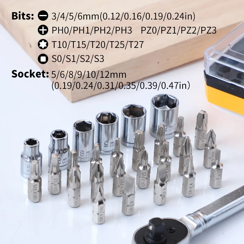 Mini Ratchet Wrench Set 21pcs Bits and 6pcs Socket CR-V Ratchet Wrench Ratchet Set for Auto Repairing Househol Hand Tool