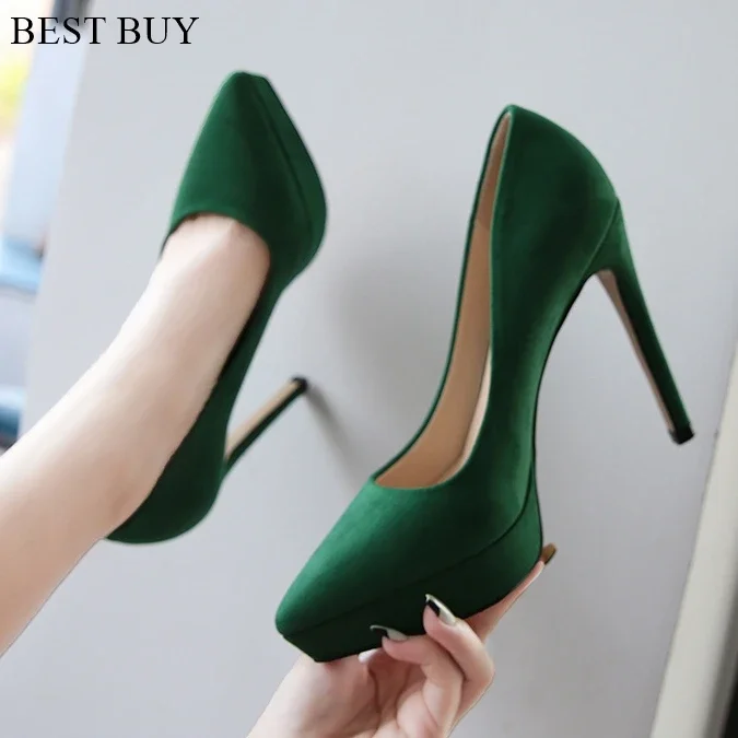 Sexy Black suede Leather Double-Layer Water Platform Pumps Pointed Toe Stiletto High Heels All-Match Office Elegant Women Shoes