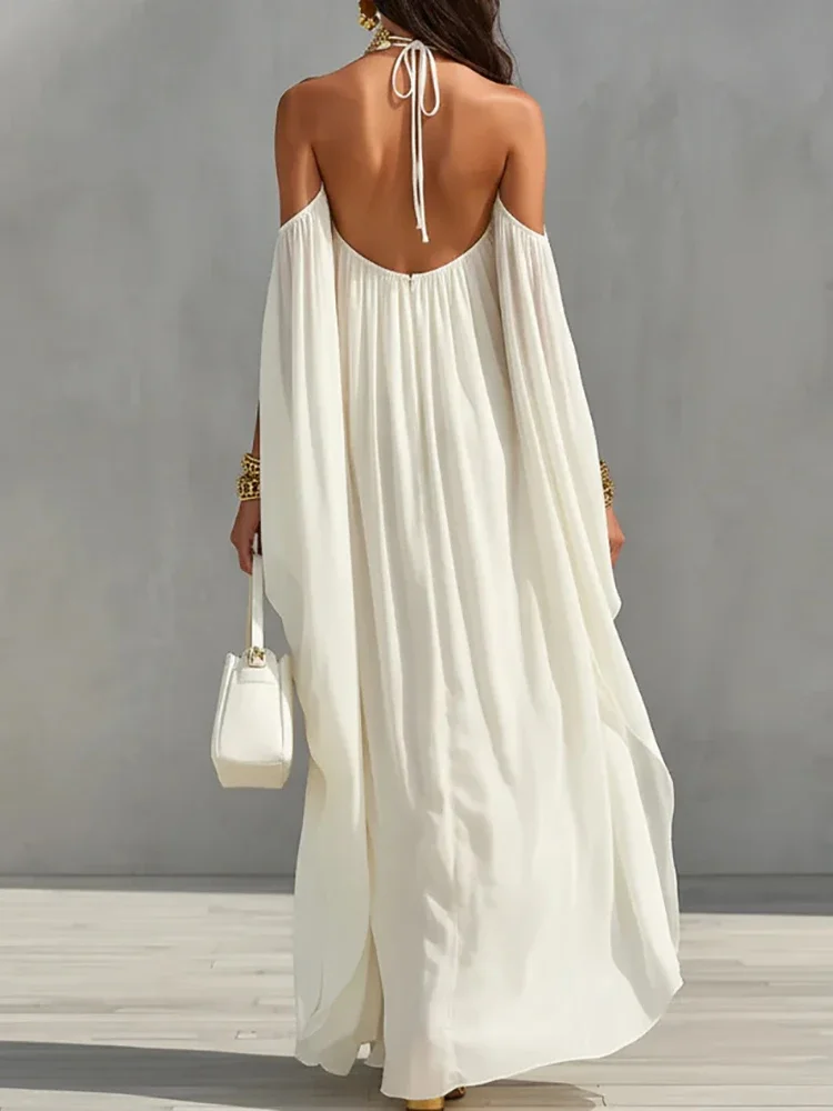 Elegant Backless Maxi Dress for Women Summer Halter Lace-Up Loose Simple Fashion Party Dress Patchwork Holiday Ladies Dress 2026