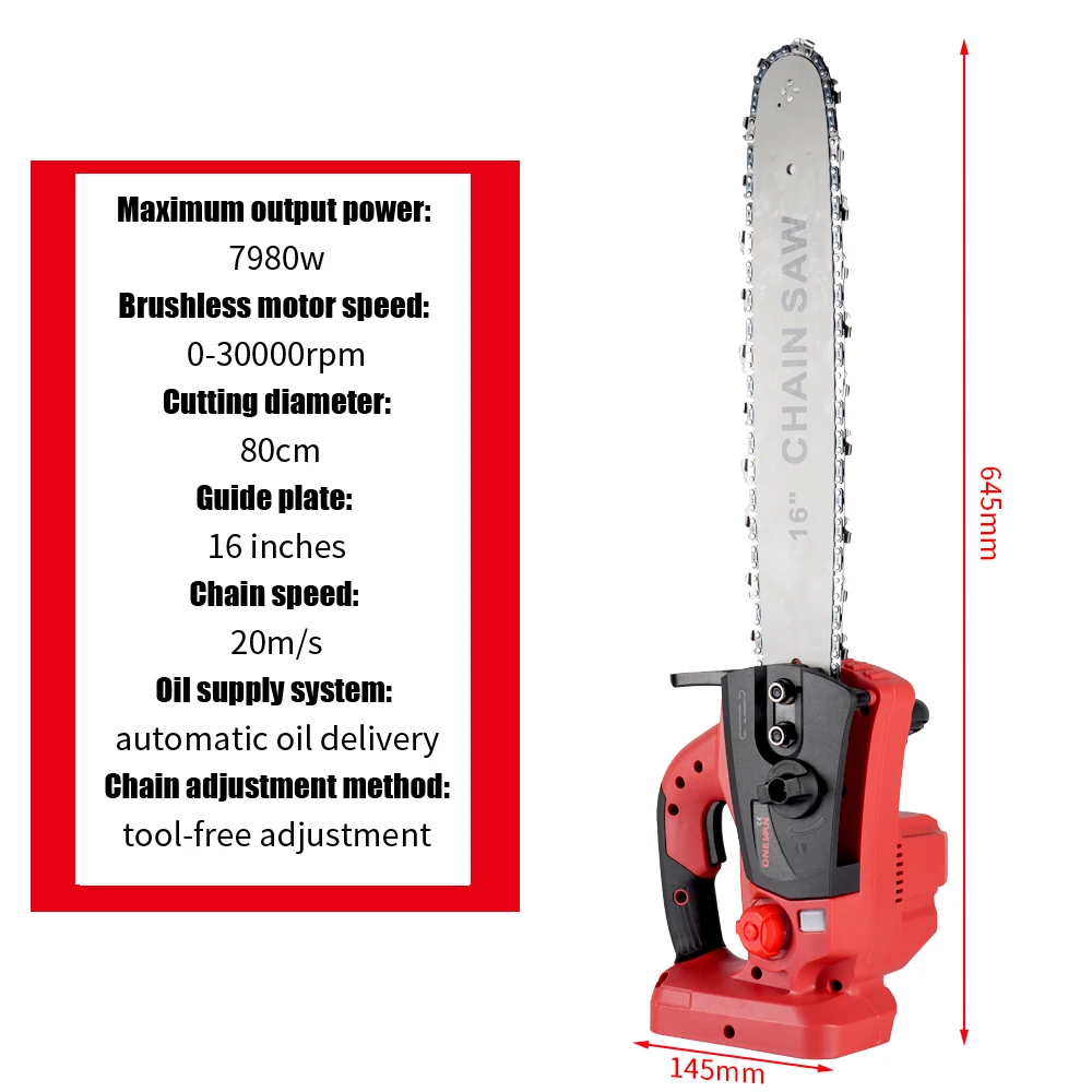 ONEVAN 16 Inch Brushless Chainsaw 30000RPM Electric Garden Cutting Chain saw Woodworking Power Tools For Makita 18v Battery