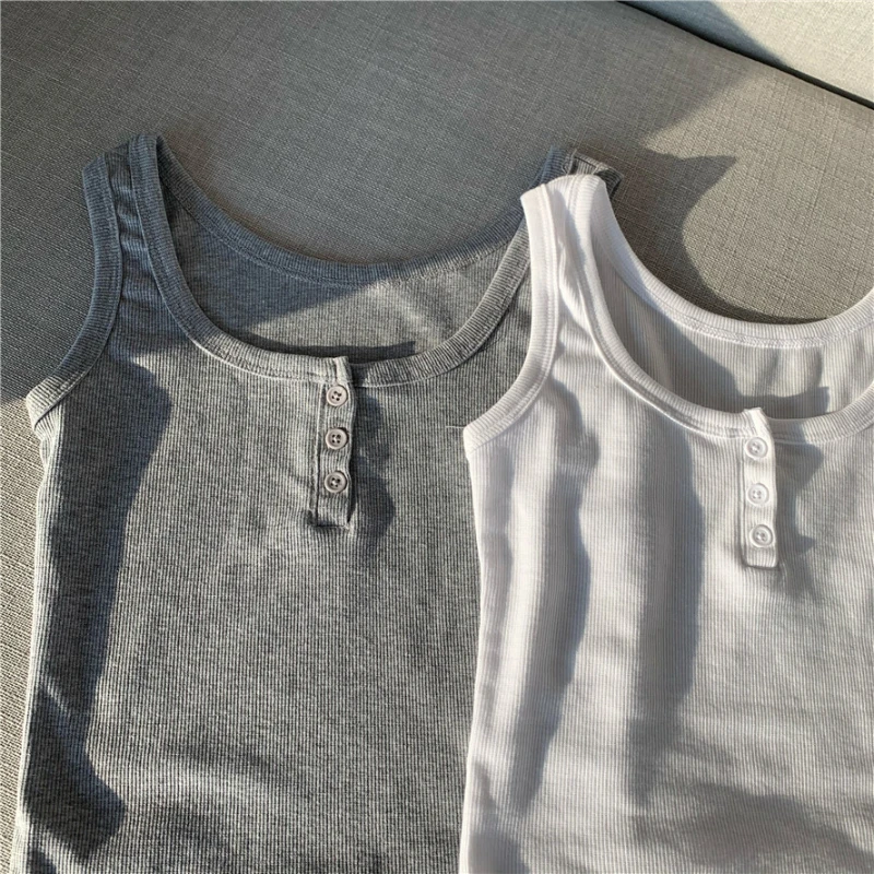 New Sexy Tank Top Button Ribbed Crop Tops Women Summer Camis U-neck Camisole Fashion Casual Tube Female Sleeveless Cropped Vest