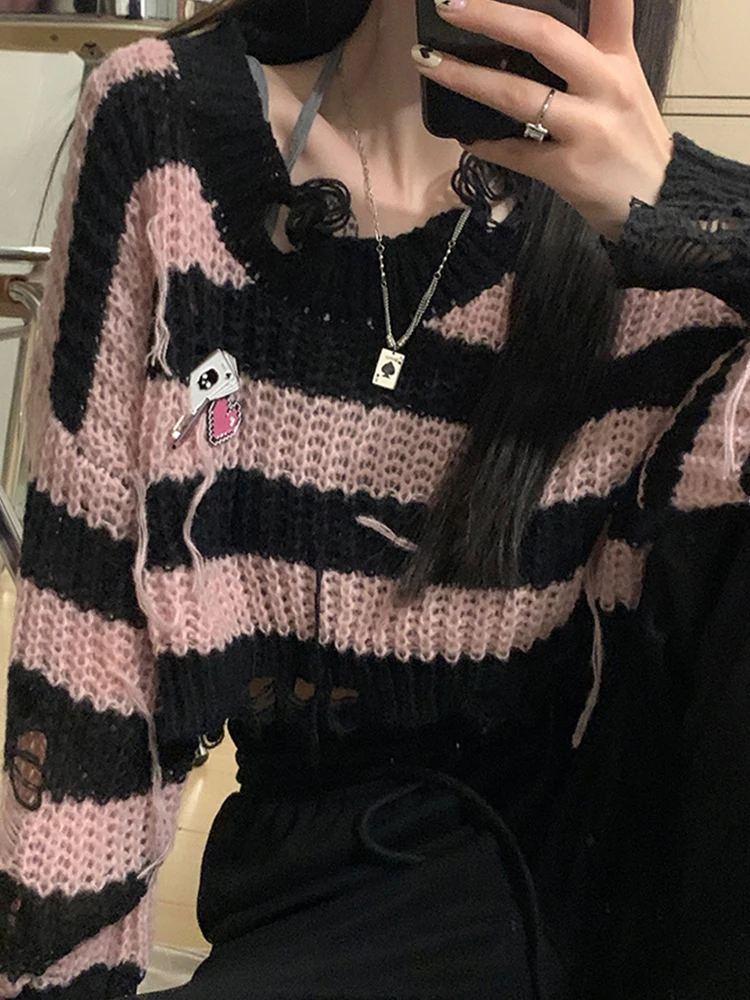 Pink Striped Gothic Sweaters Women Ripped Holes Loose Knitted Pullover Frayed Fairy Grunge Jumpers Streetwear Crop Tops Ladies