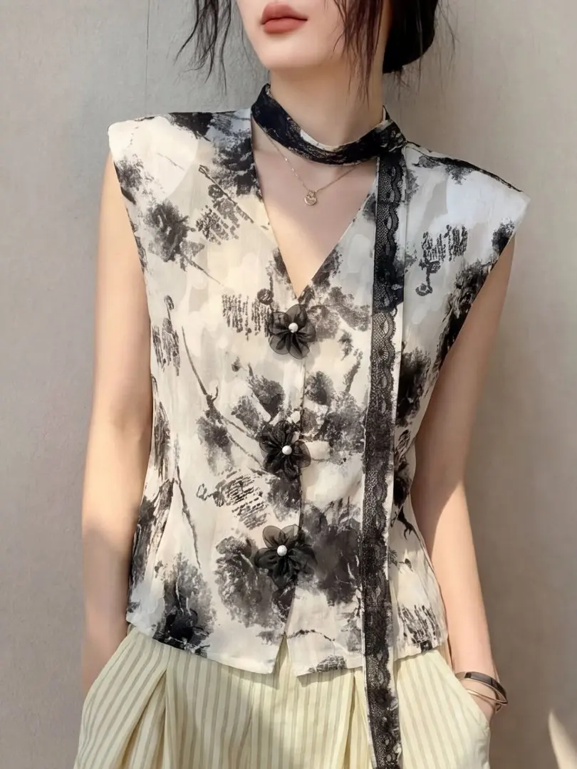 

Elegant V-neck Sleeveless Lace Shirt Women's Summer Fashion Water-Media Painting Design Beaded Top Korean Style Loose Fit