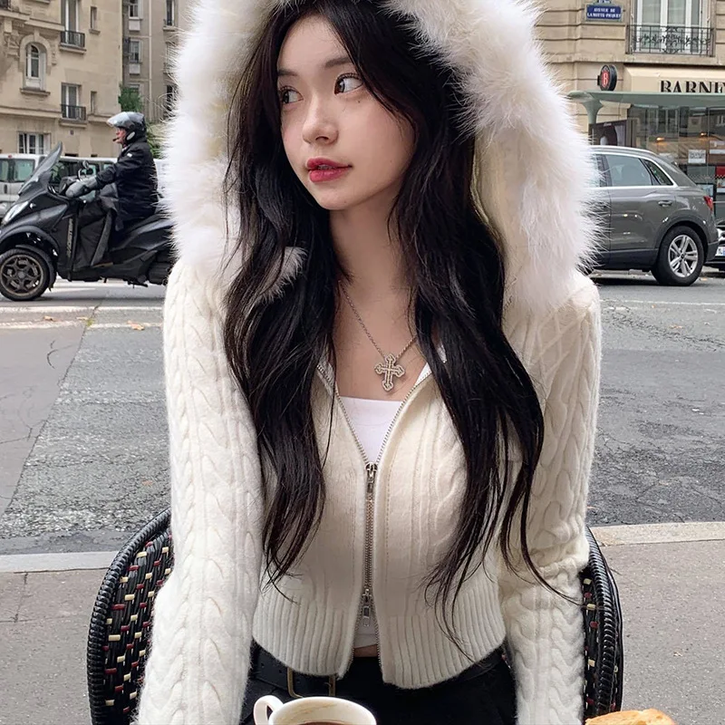 Women's Hooded Woolen Sweater Korean Style Patchwork Slim Zipper Waist Texture for Autumn and Winter 2024 Women's Jackes Coats